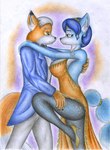 anthro bottomwear bow_tie breasts clothing dress duo ear_piercing female footwear high_heels legwear male male/female pants pantyhose piercing shoes side_slit suit_jacket sinaherib nintendo star_fox fox_mccloud krystal_(star_fox) canid canine fox mammal absurd_res hi_res