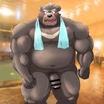 anthro belly big_belly black_body blush flaccid genitals humanoid_hands kemono male moobs musclegut muscular navel overweight overweight_male penis real solo towel towel_around_neck mohumohudansi bear mammal 1:1 2023 censored hi_res