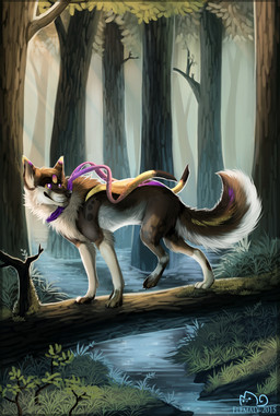 4_toes arm_tuft black_nose branch brown_body brown_fur brown_tail cheek_tuft chest_tuft countershade_face countershade_tail countershade_torso countershading detailed_background elbow_tuft eyebrows eyelashes facial_tuft feet female feral forest fur grass inner_ear_fluff leaf log looking_back multicolored_body multicolored_fur multicolored_tail neck_tuft outside plant purple_eyes purple_tail quadruped ribbons river side_view smile solo tail toes tree tuft two_tone_body two_tone_fur water whiskers white_body white_fur white_tail wood flemaly canid canine canis mammal wolf 2015 absurd_res digital_media_(artwork) hi_res signature