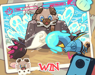 ambiguous_gender beach blue_eyes brown_body brown_fur collar feral fur group seashell shell tail trio white_body white_fur dafeiegagaga nintendo pokemon kian_(kianyemao) aquatic arthropod barnacle clauncher crustacean generation_6_pokemon generation_7_pokemon maxillopod pokemon_(species) pyukumuku rockruff hi_res