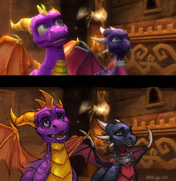 2_horns 6_horns arm_markings black_body countershading digitigrade facial_markings fantasy female female_feral feral frill_(anatomy) green_eyes group head_crest head_frill head_markings horn horn_sheath inside long_neck long_snout male male_feral markings membrane_(anatomy) membranous_wings multi_horn multicolored_body neck_ring neck_spikes orange_wings pronounced_browridge purple_body purple_eyes quadruped red_body red_countershading red_wings scales shoulder_markings snout trio two_tone_body ventral_scales wing_blade wings yellow_body yellow_countershading krysiilys third-party_edit activision european_mythology mythology spyro_the_dragon the_legend_of_spyro cynder sparx spyro dragon mythological_creature mythological_scalie scalie western_dragon 2018 dated digital_media_(artwork) english_description screencap_edit signature