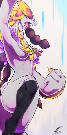 abstract_background action_pose anthro blush blush_lines breasts claws eyelashes fangs featureless_breasts female grey_body grey_eyes non-mammal_breasts open_mouth pokemorph pose solo tail teeth tongue 025aki nintendo pokemon generation_7_pokemon kommo-o pokemon_(species) scalie 2025 absurd_res dated hi_res signature