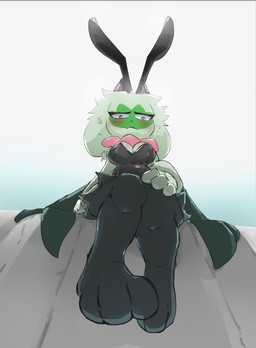anthro big_breasts blush breasts bunny_costume claws cleavage cliff clothed clothing costume fake_ears fake_rabbit_ears feet female fur green_body green_fur leotard looking_at_viewer maskless paws red_eyes sitting solo thick_thighs unmasked klydewitakay nintendo pokemon felid feline felis generation_9_pokemon mammal meowscarada pokemon_(species) 2026 absurd_res digital_media_(artwork) hi_res