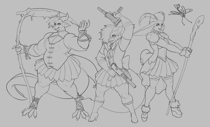 anthro blade_hand bottomwear claws clothed clothing crossdressing crossdressing_male digitigrade drone_(vehicle) dual_wielding facial_horn footwear gloves group gun handwear high_heels holding_object holding_weapon horn looking_at_viewer machine magical_girl_outfit male melee_weapon musclegut muscular muscular_male nose_horn pec_window polearm ranged_weapon scythe shoes skirt slightly_chubby slightly_chubby_male staff tail trigger_discipline trio weapon mr.pink mythology carson_(torvus) drizzle_(ella_riptallon) praco arthropod canid canine dragon hybrid insect lagomorph lepidopteran leporid mammal moth mythological_creature mythological_scalie rabbit raccoon_dog scalie tanuki absurd_res greyscale hi_res monochrome