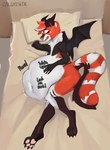 abdominal_bulge anthro bed female furniture horn membrane_(anatomy) membranous_wings sleeping solo text tired vore wings calcatrix hi_res