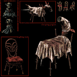 ambiguous_gender clothed clothing doll dress female feral horror_(theme) laugh nail_(weapon) not_furry open_mouth princess royalty simple_background sitting smile text young plastiboo furniture_(plastiboo) animate_inanimate domestic_pig humanoid living_doll living_furniture mammal suid suine sus_(pig) 1:1 animated digital_media_(artwork) english_text hi_res
