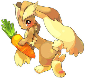 ambiguous_anthro ambiguous_gender anthro blonde_hair blush brown_body brown_fur butt carrot chest_tuft chibi eyelashes food fur hair holding_food holding_object kemono leaning leaning_forward looking_back neck_tuft open_mouth open_smile pawpads paws plant semi-anthro simple_background smile solo standing three-quarter_view tuft vegetable white_background yellow_body yellow_fur suppainu nintendo pokemon generation_4_pokemon lopunny pokemon_(species) 2007 digital_media_(artwork) shaded