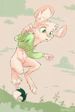 anthro athletic athletic_female bottomless breasts clothed clothing featureless_crotch female fur green_eyes jumping paws simple_background small_breasts sweater topwear white_body white_fur animancer luck_(animancer) dipodid jerboa mammal rodent 2026 hi_res