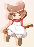 bloomers bottomwear brown_clothing brown_eyes brown_hair brown_legwear brown_stockings clothing female hair legwear mouth_closed pink_background red_clothing red_shirt red_topwear shirt simple_background skirt solo staff stockings topwear white_bottomwear white_clothing white_skirt shinon_catfish futaba_channel trauma_no_tamatebako animal_humanoid cat_humanoid felid felid_humanoid feline feline_humanoid humanoid mammal mammal_humanoid