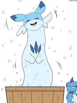 ambiguous_gender anthro bathing blue_body duo eyes_closed feral front_view looking_at_another motion_lines simple_background splash standing towel wet white_background winick-lim palworld pocketpair chillet depresso pal_(species) 2024 3:4 hi_res