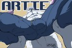 anthro balls balls_outline big_balls big_bulge big_penis biped blue_eyes bottomwear bulge claws clothed clothing crotch_shot crouching denim denim_bottomwear denim_clothing detailed_bulge feet finger_claws fluffy fluffy_tail fur genital_outline genitals hair huge_balls huge_bulge huge_penis humanoid_genitalia humanoid_penis jeans looming low-angle_view male pants paws penis penis_outline plantigrade raised_heel simple_background smile solo tail topless topless_anthro topless_male torn_bottomwear torn_clothing white_body white_fur white_hair worm's-eye_view kencougr artie arctic_fox canid canine fox mammal true_fox 2016 character_badge_(artwork) character_name digital_drawing_(artwork) digital_media_(artwork) signature