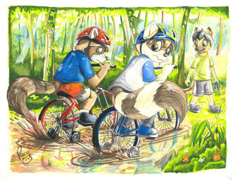 anthro bicycle black_hair blonde_hair blue_clothing blue_helmet blue_nose blue_shirt blue_t-shirt blue_topwear bottomwear brown_body brown_eyes brown_fur brown_nose clothed clothing day fur grass green_clothing green_shirt green_t-shirt green_topwear grey_bottomwear grey_clothing grey_pants grey_shorts group hair logo male mouth_closed mud outside pants plant red_bottomwear red_clothing red_helmet red_shorts shirt shorts shrub sitting splash standing striped_body striped_fur stripes t-shirt tan_body tan_fur topwear tree trio vehicle wavy_mouth white_body white_bottomwear white_clothing white_fur white_shirt white_shorts white_t-shirt white_topwear young young_anthro young_male pandapaco canid canine mammal procyonid raccoon artist_logo hi_res signature
