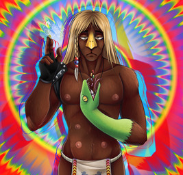 6_nipples abstract_background black_clothing black_fingerless_gloves black_gloves black_handwear blonde_hair bottomwear brown_body brown_fur clothed clothing drugs fingerless_gloves fur gloves hair handwear logo loincloth loincloth_only male mouth_closed multi_nipple nipples pills psychedelic_background solo topless topless_humanoid topless_male xxscribbledragonxx adult_swim cartoon_network xavier_renegade_angel xavier_(xra) avian bird humanoid hybrid owl reptile scalie snake 2023 artist_logo digital_drawing_(artwork) digital_media_(artwork) english_description half-length_portrait hi_res portrait watermark