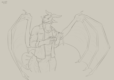 anthro bottomwear bowl cheek_frill clothed clothing container front_view head_spikes holding_bowl holding_container holding_fork holding_object horn male male_anthro membrane_(anatomy) membranous_wings open_clothing open_mouth open_topwear pants simple_background solo spiked_tail spikes spikes_(anatomy) standing tail topwear wings aduran mythology dragon mythological_creature mythological_scalie scalie 2023 dated hi_res monochrome portrait sketch three-quarter_portrait