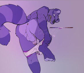 anthro anus backsack balls briefs butt butt_focus claws clothing clothing_around_legs clothing_pull color_swatch dressing eyebrows flaccid foreskin fur fur_markings genitals grabbing_underwear gradient_background humanoid_genitalia humanoid_penis leaning leaning_forward looking_at_viewer looking_back looking_down low-angle_view male markings multicolored_clothing multicolored_underwear on_one_leg open_mouth pawpads paws penis perineum plantigrade purple_body purple_fur raised_eyebrows raised_leg raised_tail shocked simple_background solo standing surprised tail teeth_showing toe_claws tongue two_tone_clothing two_tone_underwear underwear underwear_around_legs underwear_pull unretracted_foreskin white_clothing white_underwear wide_eyed boblios mammal procyonid raccoon absurd_res hi_res signature
