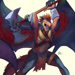 anthro armor axe bandage bottomwear clothing fight hair loincloth male melee_weapon pose red_hair simple_background solo tail weapon negy mythology sulfer dragon mythological_creature mythological_scalie scalie 1:1 2013 hi_res