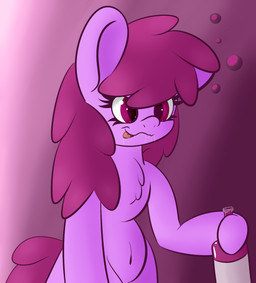 alcohol anthro anthrofied beverage big_ears bodily_fluids bottle bubble chest_tuft container drooling drunk drunk_bubble female fur gradient_background hair holding_bottle holding_container holding_object long_hair navel purple_eyes purple_hair saliva simple_background smile solo substance_intoxication tongue tongue_out tuft wine psicarii friendship_is_magic hasbro my_little_pony berry_punch_(mlp) earth_pony equid equine horse mammal pony hi_res