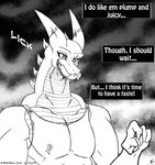 2016 anthro belly_scales bodily_fluids clothing comic dragon drooling english_text hi_res horn if_hell_had_a_taste licking licking_lips male monochrome muscular muscular_anthro muscular_male mythological_creature mythological_scalie mythology open_mouth saliva scales scalie scar shirt skylar_fidchell solo text tongue tongue_out topwear viroveteruscy