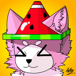 anthro eyes_closed female fluffy food fruit fur inner_ear_fluff kemono melon neck_tuft pink_body pink_fur plant smile solo tuft watermelon white_body white_fur dramelon melon_(dramelon) domestic_cat felid feline felis mammal 1:1 absurd_res headshot_portrait hi_res portrait