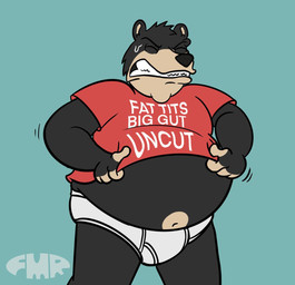 allcaps anthro black_body black_fur black_nose bodily_fluids briefs clenched_teeth clothing clothing_pull fur green_background green_text male monotone_briefs monotone_clothing monotone_underwear motion_lines navel open_mouth overweight overweight_male pantsless_male red_clothing red_shirt red_t-shirt red_topwear shirt shirt_pull simple_background solo struggling_to_fit sweat t-shirt t-shirt_pull teeth teeth_showing text tighty_whities topwear topwear_pull underwear white_briefs white_clothing white_text white_underwear foxmanad fat_tits_big_gut_uncut dom_(foxmanad) bear black_bear mammal ursine english_text hi_res signature