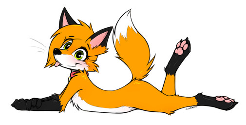 anthro blush feet female hair lying on_front pawpads simple_background smile solo tail toes tongue tongue_out slowderpyguy canid canine fox mammal digital_media_(artwork) hi_res