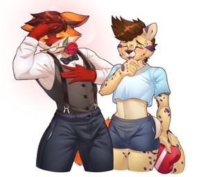 anthro blush bottomwear bow_tie brown_hair button_(fastener) candy chocolate clothing collared_shirt dessert dress_shirt duo eyes_closed flower food fur hair heart_box holidays laugh laughing_at_another male male/male navel orange_body orange_fur piercing plant pockets posing_for_the_viewer purple_body purple_fur red_body red_fur romantic romantic_couple rose_(flower) shirt shorts silly smile spots suave suspenders tail_wrapped_around tan_body tan_fur teeth topwear vest white_body white_fur bunnemilk valentine's_day barleychee ferox_(feroxdoon) canid canine cheetah felid feline fox king_cheetah mammal red_fox true_fox absurd_res hi_res nonbinary_(lore)