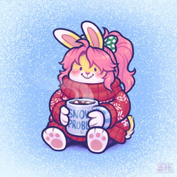 anthro barefoot blush chibi clothing container cup feet female hair holding_container holding_cup holding_mug holding_object hot_drink mug pawpads pink_hair ponytail red_clothing red_scarf red_sweater red_topwear scarf simple_background sitting smile solo sweater tail text topwear yellow_body taffywabbit soleil_(keffotin) lagomorph leporid mammal rabbit 1:1 2024 digital_media_(artwork) english_text hi_res trans_(lore) trans_woman_(lore)