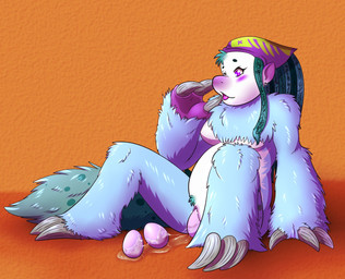 anthro belly big_belly blush bodily_fluids breasts claws clitoris cum dreadlocks egg female genital_fluids genitals non_oviparous_oviposition open_mouth oviposition pregnant solo spread_legs spreading tongue vaginal_fluids vulva gettingeggywithit breathe_(gettingeggywithit) mammal pilosan sloth xenarthran