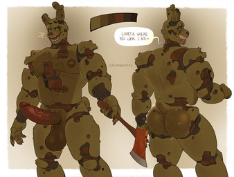 anthro areola axe balls barazoku big_balls big_butt big_muscles big_penis bodily_fluids border butt claws dialogue emanata erection fur genitals glans grey_background holding_axe holding_object holding_weapon huge_balls huge_butt huge_muscles huge_penis humanoid_genitalia humanoid_penis looking_at_viewer looking_back looking_back_at_viewer machine male melee_weapon muscular muscular_anthro muscular_male nipples notched_ear nude open_mouth open_smile pecs penis saggy_balls scar simple_background smile solo standing sweat talking_to_viewer teeth text thick_arms thick_penis thick_thighs tuft uneven_balls vein weapon white_border wire krampusivyy five_nights_at_freddy's five_nights_at_freddy's_3 scottgames springtrap_(fnaf) animatronic lagomorph leporid mammal rabbit robot 2025 artist_name english_text hi_res model_sheet