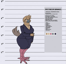 anthro avian_feet beak biped black_bottomwear black_clothing black_jacket black_shirt black_skirt black_topwear bottomwear breasts brown_body brown_eyes brown_feathers businesswear chart claws clothed clothed_anthro clothed_female clothing collared_shirt dress_shirt feathers feet female fingers height_chart humanoid_hands jacket mature_anthro mature_female non-mammal_breasts shirt skirt slightly_chubby slightly_chubby_anthro slightly_chubby_female smile solo text toe_claws toes topwear wide_hips spoldier patricia_banks avian bird columbid dove mourning_dove 2024 character_name colored english_text full-length_portrait hi_res model_sheet portrait