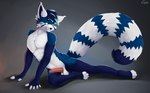 anthro balls blue_body blue_eyes blue_fur fur genitals lying male on_side penis pose presenting simple_background solo white_body white_fur capseys ailurid mammal red_panda absurd_res hi_res pinup