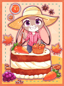 anthro basket biped black_markings bottomwear cake carrot carrot_cake chibi clothed clothing collared_shirt container countershade_face countershade_torso countershading dessert dipstick_ears dress_shirt ear_markings eyebrows female food front_view fruit grape grey_body hat headgear headwear holding_basket holding_container holding_fork holding_object leaf long_ears markings multicolored_body multicolored_ears non-furgonomic non-furgonomic_headwear pants pink_nose plant purple_eyes shirt smile solo sun_hat teeth topwear two_tone_body vegetable white_body white_countershading sunnynoga disney zootopia judy_hopps european_rabbit lagomorph leporid mammal oryctolagus rabbit 2025