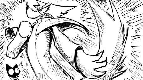 ambiguous_gender anthro bow_tie cape clothing coat duo eyewear glasses lab_coat male military_uniform pose surprised topwear uniform dragonweirdo gytras_(dragonweirdo) kimera_(dragonweirdo) canid canine canis domestic_cat felid feline felis mammal wolf 16:9 comic hi_res monochrome widescreen