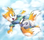2_tails 4_fingers 4_toes anthro barefoot cheek_tuft clothed clothing clothing_lift cloud extended_arms facial_tuft feet fingers fur male multi_tail multicolored_body multicolored_fur navel no_shoes open_mouth open_smile shirt shirt_lift sky skyscape smile solo tail toes topwear tuft young roarey_raccoon sega sonic_the_hedgehog_(series) miles_prower canid canine fox mammal hi_res shaded signature watermark