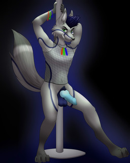 abstract_background animal_genitalia animal_penis anthro balls blue_balls blue_penis bottomless canine_genitalia canine_penis clothed clothing dancing digitigrade erection fishnet_clothing fishnet_shirt fishnet_topwear fur genitals glowstick green_eyes grey_body grey_fur knot looking_at_viewer male mohawk penis pole pole_dancing rave shirt simple_background smile solo tail topwear jonas-puppeh ryley_(arbiter_000) canid canine fox mammal 2015 hi_res