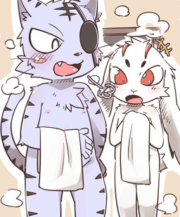 5_fingers anthro blue_body blue_fur duo eye_patch eye_patch_only eyes_closed eyewear fangs fingers fur happy holding_object holding_towel male nipples nude_male open_mouth red_eyes steam surprised tail teeth tongue towel white_body white_fur young young_anthro young_male suimatsu bemani konami pop'n_music kagetora_(pop'n_music) raizou_(pop'n_music) felid lagomorph leporid mammal pantherine rabbit tiger 2026 hi_res japanese_description