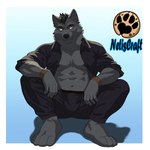 abs anthro black_hair bracelet bulge clothed clothing hair jewelry male muscular open_clothing open_shirt open_topwear paws red_eyes shirt short_hair solo topwear netiscraft canid canine canis mammal wolf 1:1 hi_res