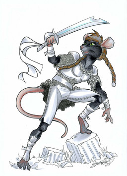 anthro armor belt black_body black_fur bottomwear braided_hair braided_pigtails breastplate brown_hair chainmail clothed clothing cuirass female fur greaves green_eyes hair handwear holding_object holding_weapon melee_weapon pants pigtails plate_armor rat_tail simple_background solo standing sword tail teeth topwear vambrace warrior weapon wraps sandy_schreiber akna_(bahumot) mammal murid murine rat rodent hi_res traditional_media_(artwork)