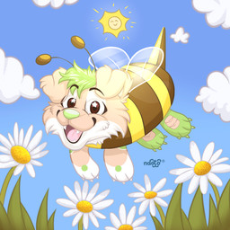 anthro bee_costume clothing cloud cute_fangs daisy_(flower) fangs flower flying grass happy male plant sky solo sun teeth naoto canid canine canis dinosaur domestic_dog mammal prehistoric_species reptile scalie 1:1 absurd_res hi_res
