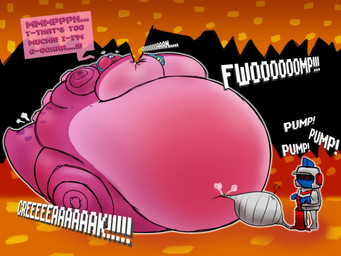 accessory anthro belly belly_expansion belly_inflation big_belly close_to_bursting duo expansion hose hose_inflation huge_belly hyper hyper_belly hyper_inflation immobile implied_popping inflation male male/male necktie simple_background sound_effects tail text bigburnerbird44 bandai_namco dig_dug gameoverse glitch_productions gobbles_(gameoverse) dinosaur humanoid prehistoric_species reptile scalie 4:3 digital_media_(artwork) hi_res
