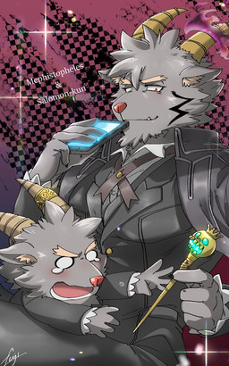anthro black_body black_fur butler cellphone chibi clothing duo electronics fur horn male phone scepter size_difference smartphone suit 3pdta lifewonders tokyo_afterschool_summoners mephistopheles_(tas) salomonkun bovid caprine goat mammal 5:8 hi_res