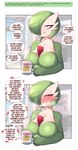 aroused big_breasts bite biting_lip blush blush_lines bodily_fluids breasts cleavage clothed clothing container cup dirty_talk female green_body green_hair hair heart_symbol holding_object looking_at_viewer mug not_furry red_eyes rude self_bite submissive submissive_female sweat text white_body saltyxodium nintendo pokemon gardevoir generation_3_pokemon pokemon_(species) absurd_res comic english_text hi_res