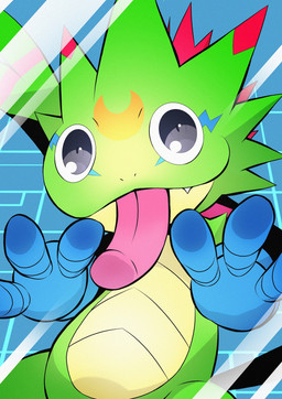 against_surface anthro blep clothing gloves green_body grey_eyes handwear long_tongue male on_glass solo tongue tongue_out qsiqydfz7nesh9w bandai_namco digimon digimon_beatbreak digimon_(species) gekkomon scalie hi_res