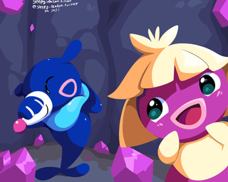 ambiguous_gender blonde_hair blue_body blush blush_lines cave duo eyes_closed feral gem hair kiss_mark looking_at_another open_mouth pink_body shy teal_eyes tongue sleepy_sealion nintendo pokemon generation_2_pokemon generation_7_pokemon humanoid pokemon_(species) popplio smoochum 2025 5:4 absurd_res dated hi_res signature female_(lore)