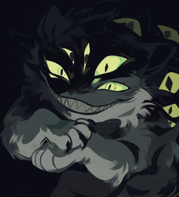 ambiguous_feral ambiguous_gender black_background black_body black_claws black_fur claws feral fur green_sclera grey_body grey_fur grin multi_eye pupils sharp_teeth simple_background slit_pupils smile solo teeth whiskers yellow_eyes corzh77 felid mammal absurd_res hi_res