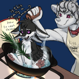 3_fingers 3_toes 4_ears 5_fingers anthro antlers appliance apron apron_only asking black_body black_claws black_feathers black_finger_claws black_fur black_sclera black_toe_claws bodily_fluids boiling_water book bowl cheek_tuft chest_tuft claws clothing collar container cooking cooking_with_furs countershade_face countershade_fur countershading curly_hair dialogue digitigrade duo ears_down ellipsis eyebrows facial_tuft feathered_wings feathers feet finger_claws fingers fire fur furniture grey_antlers grey_hair grey_horn grey_nose hair horn humor joke kitchen kitchen_appliance kitchen_stove kitchen_utensils leather leather_collar looking_at_viewer male male/male mostly_nude multi_ear multicolored_body neck_tuft nude open_book open_mouth partially_submerged pawpads paws pink_pawpads pivoted_ears pun purple_eyes question question_mark questioning questioning_ellipsis questioning_tone red_eyes salt simple_background sitting smile smug spread_legs spreading steam stove sweat sweatdrop tail talking_to_another talking_to_viewer teeth text toes tongue tools transparent_background tuft water white_body white_feathers white_fur winged_arms wings alanhamster fyr_(fenrir784) gooddeer avali avian bird deer mammal new_world_deer reindeer 1:1 2025 alpha_channel dated digital_drawing_(artwork) digital_media_(artwork) english_text hi_res meme signature