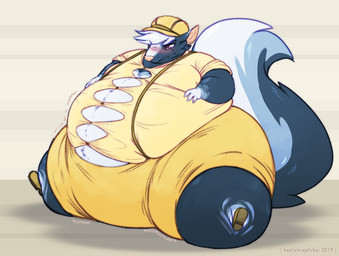 anthro belly big_belly biped black_body black_fur blush button_(fastener) claws clothed clothing flat_cap fur hand_on_belly hat headgear headwear huge_thighs hyper hyper_thighs immobile male moobs morbidly_obese morbidly_obese_anthro morbidly_obese_male obese obese_anthro obese_male overweight overweight_anthro overweight_male sitting solo straining_buttons suspenders thick_thighs white_body white_fur wide_hips foolishfifteen animal_crossing nintendo kicks_(animal_crossing) mammal mephitid skunk