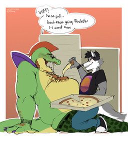 anthro arm_hair bedroom_eyes belly black_clothing black_shirt black_t-shirt black_topwear blue_bottomwear blue_clothing blue_pants blush bodily_fluids body_hair bottomwear box bracelet brown_hair chest_hair clothed clothing container dialogue drooling duo facial_hair feeding food fur green_body green_bottomwear green_clothing green_pants grey_body grey_fur hair jewelry lidded_eyes male male/male narrowed_eyes on_top_of_another open_mouth orange_background overweight overweight_anthro overweight_male pants pizza pizza_box pizza_slice saliva seductive shirt sideburns simple_background speech_bubble t-shirt text topless topless_male topwear lizzies4lad five_nights_at_freddy's five_nights_at_freddy's:_security_breach scottgames steel_wool_studios alex_(txartwolf) montgomery_gator alligator alligatorid canid canine canis crocodilian mammal reptile scalie wolf absurd_res english_text hi_res