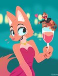 anthro blurred_background blush clothed clothing container cup dress drinking_glass duo female fully_clothed glass glass_container glass_cup heart_symbol holding_container holding_cup holding_object one_eye_closed open_mouth open_smile smile wine_glass wink hydrabb dreamworks the_bad_guys diane_foxington ms._tarantula_(the_bad_guys) arachnid arthropod canid canine fox mammal mygalomorph spider tarantula 2022 digital_media_(artwork) lineless