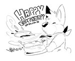 anthro birthday birthday_cake cake dessert eyes_closed food simple_background solo text white_background seiryuuden breeze_in_the_clouds breeze_(breeze_in_the_clouds) canid canine canis domestic_dog herding_dog mammal pastoral_dog welsh_corgi 2020 monochrome